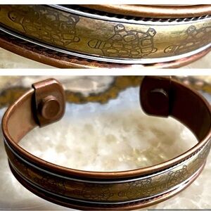 Brass Copper Engraving Sea Turtles Cuff Bracelet Vintage 70’s Handmade